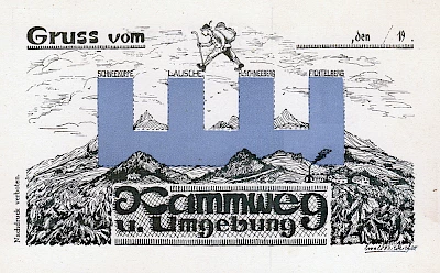 Historická pohlednice "Pozdrav z hřebenové cesty Schneekoppe - Lausche - Schneeberg - Fichtelberg"